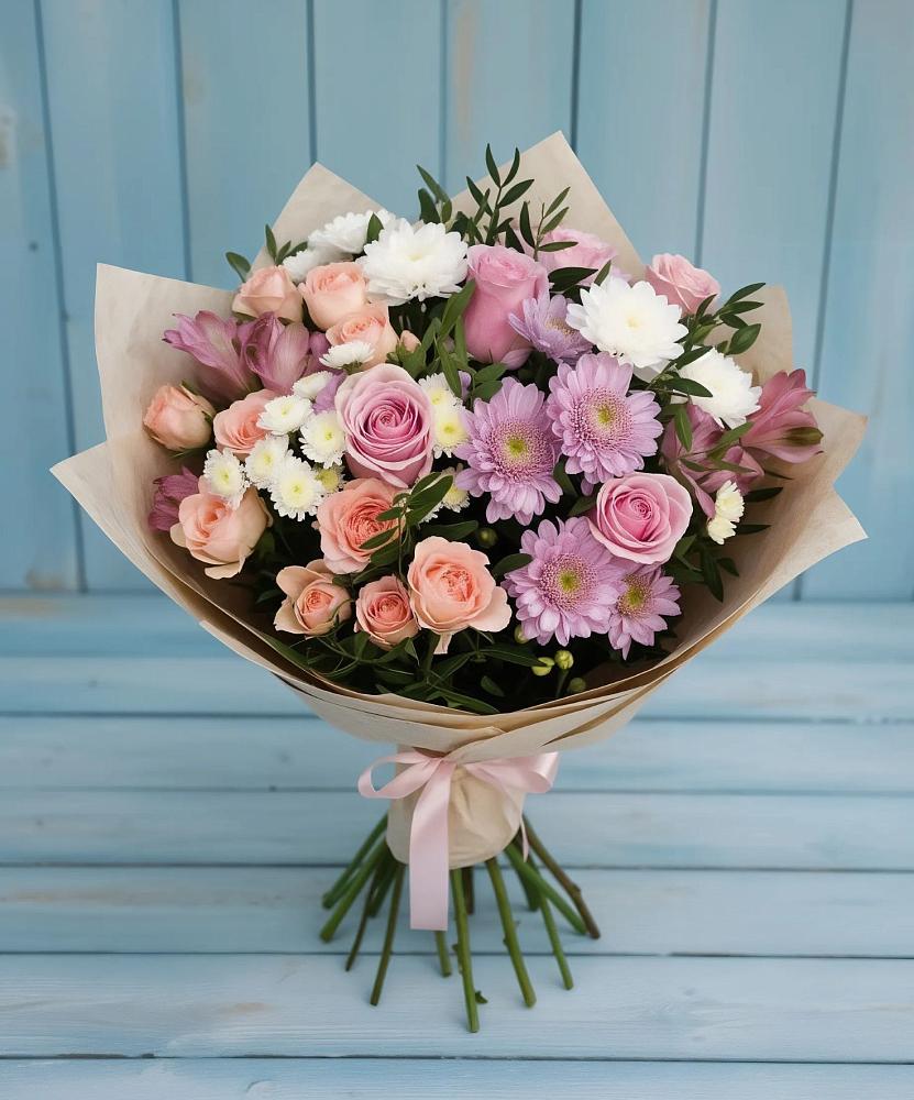 Букет цветов из: Хризантемы, Розы и Альстромерии в Синих Липягах