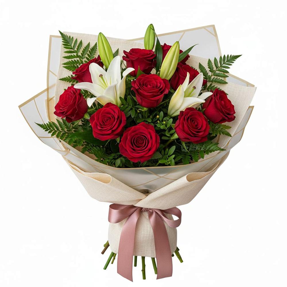 Букет цветов из: Лилии и Розы в Синих Липягах