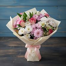 Букет цветов из:  Хризантемы, Альстромерии и Розы в Синих Липягах
