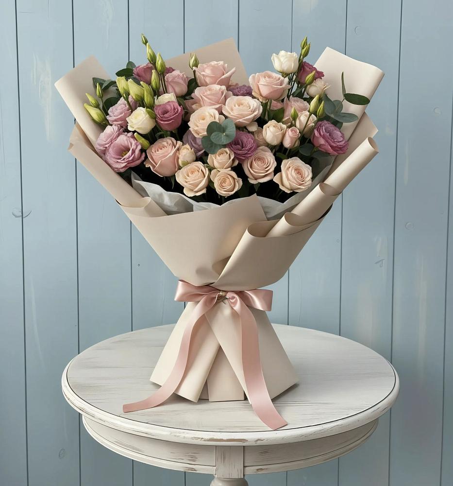 Букет цветов из: Розы и Лизиантусы в Синих Липягах