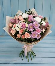 Букет цветов из:  Хризантемы, Розы и Альстромерии в Синих Липягах