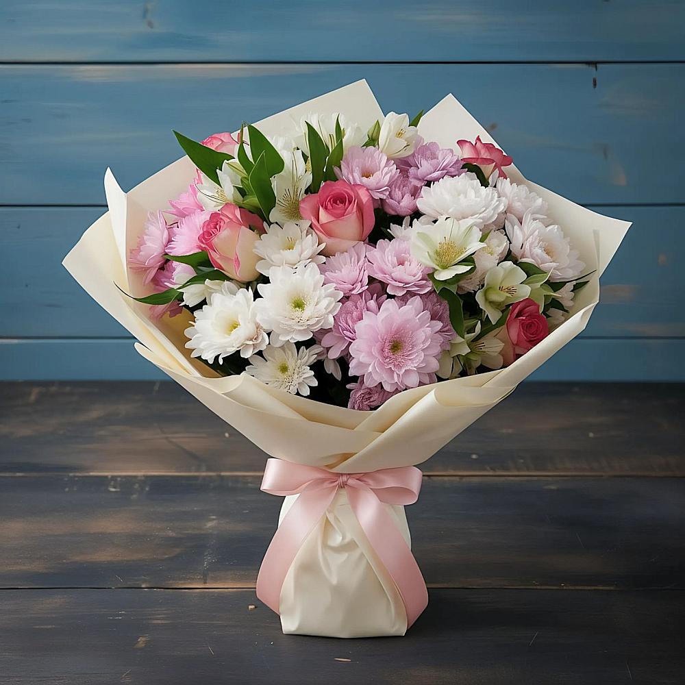 Букет цветов из: Хризантемы, Альстромерии и Розы в Синих Липягах